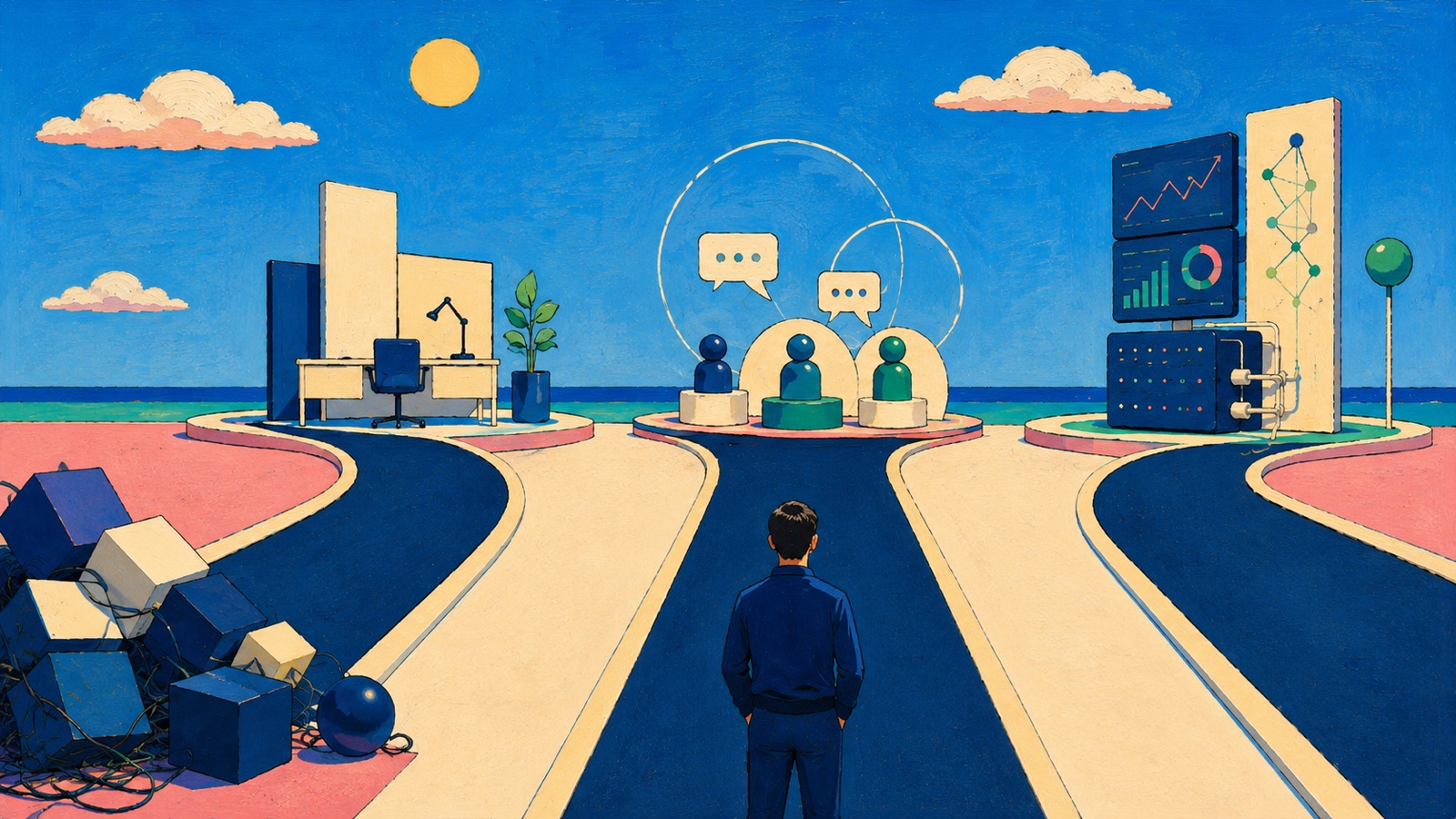Three roads visualization: chaotic pile of cables and screens on one side, an organized geometric arrangement on the other, and a founder standing at the crossroads choosing the path through.